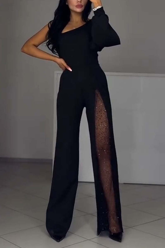 Women's fashionable and sexy jumpsuit with sloping shoulders and high slit